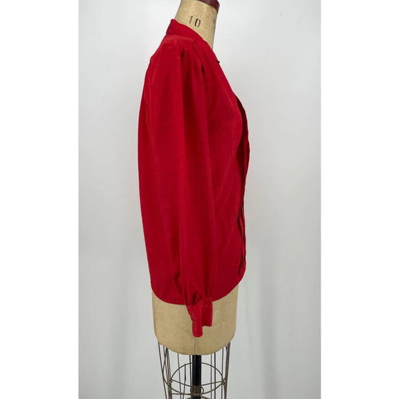 Vintage LeFolio Red Pleated Secretary Cottage Blouse Shirt Long Sleeve Retro 10 - Picture 3 of 8
